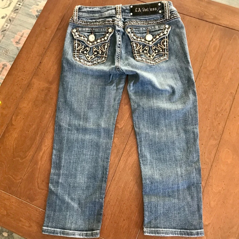 LA Idol USA Capri Jeans Womens 3 Blue‎ Medium Wash Denim Embellished Pockets